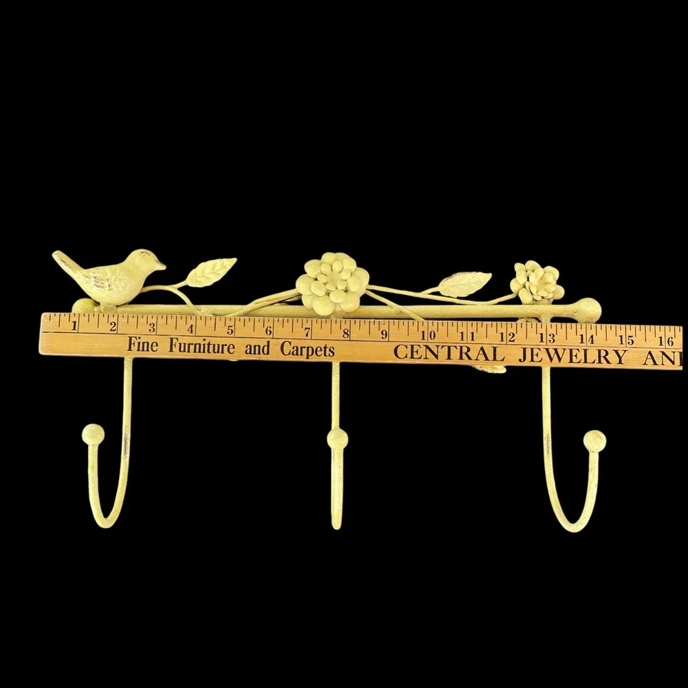 Wrought Iron Wall Rack w/ 3 Hooks Coats Hats Birds Flower Accents